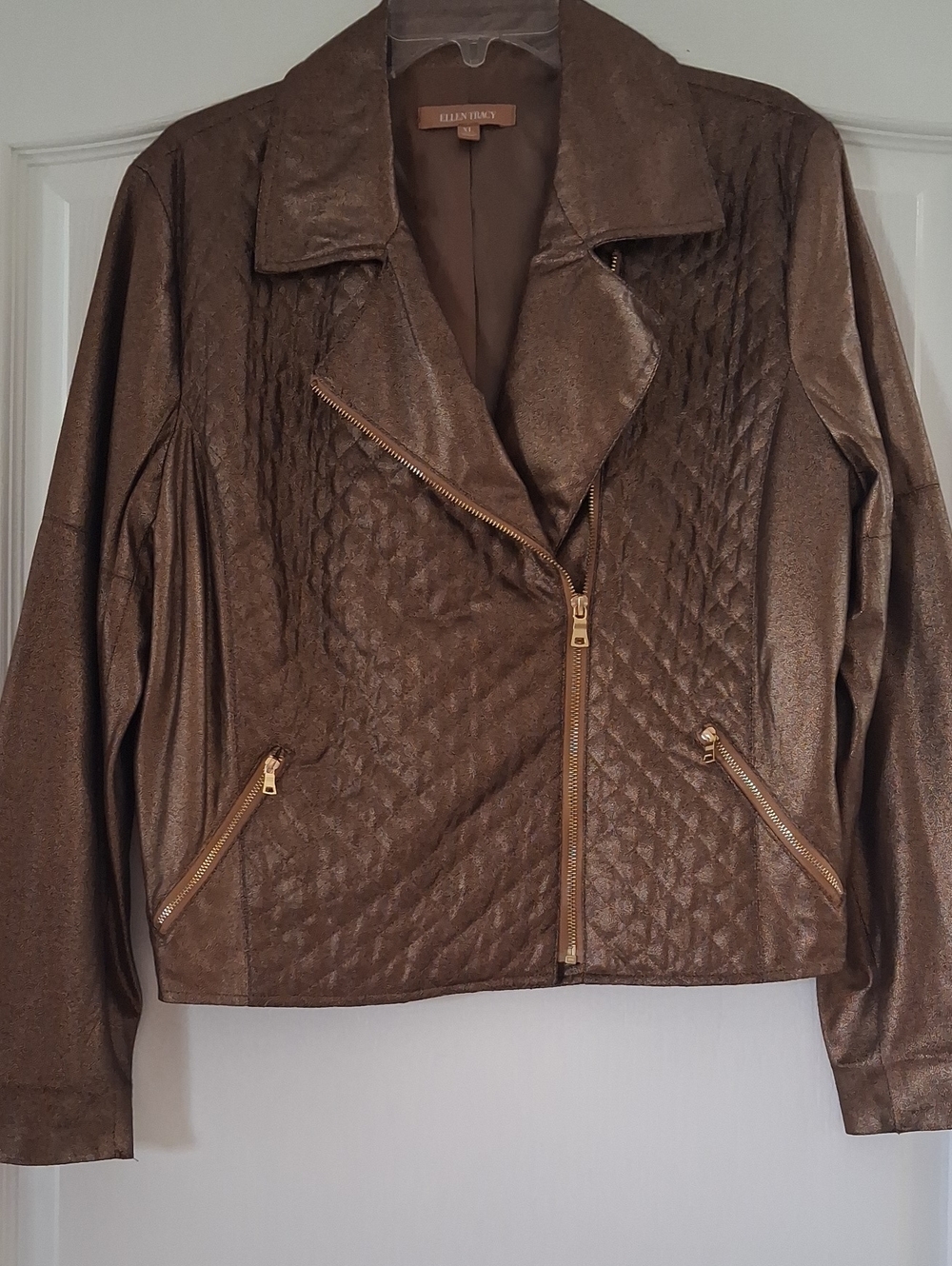 Ellen Tracy Metallic Bronze Quilted Moto-Style Jacket